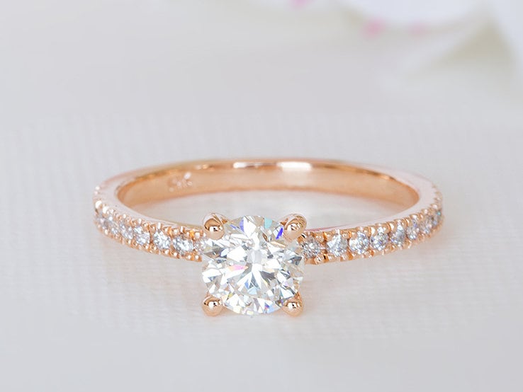 18K Rose Gold Engagement Ring, Pave 14K Classic Solitaire Diamond Dainty Ring