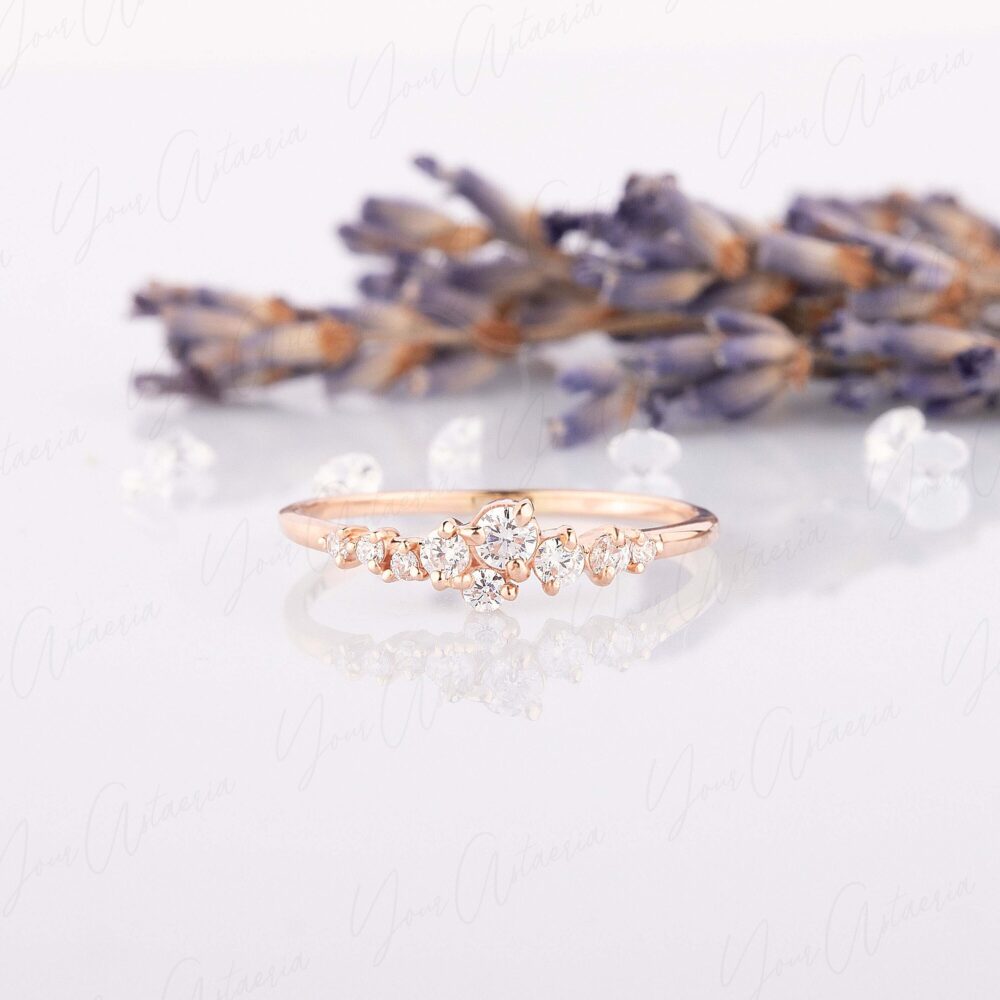 Cluster Wedding Band Rose Gold, Small Minimalist Women Band, Anniversary Promise Ring, Bridal Engagement Ring