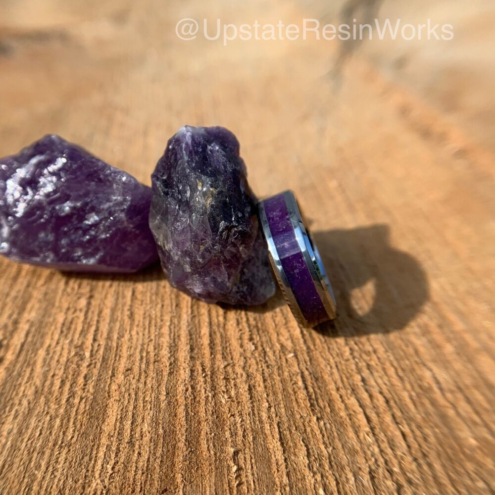 Purple Amethyst Ring, Tungsten Band, Push Gift, Gemstone Rings, Amethyst Vow Renewal, Wedding Engagement Promise Band