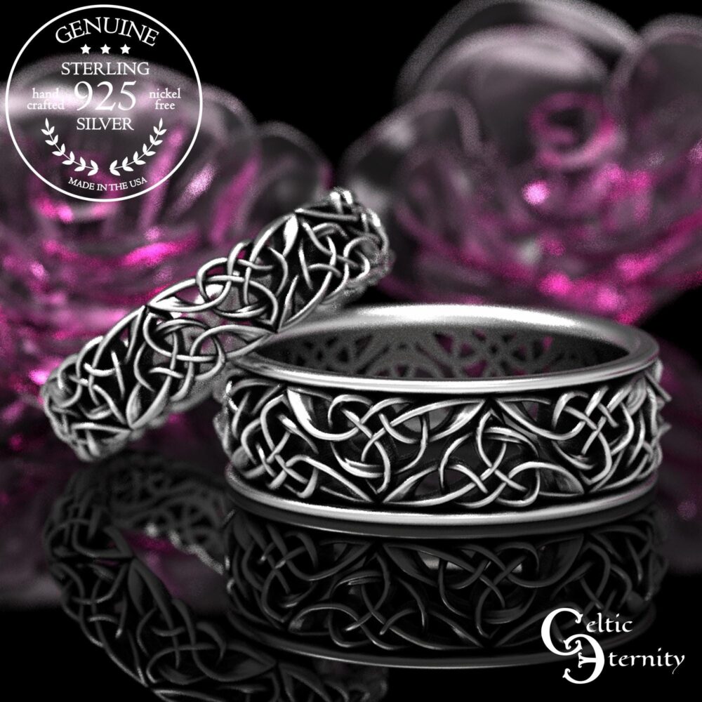 Silver Matching Wedding Bands, Celtic Heart Rings, His Hers Unique Modern Ring, 66 1424
