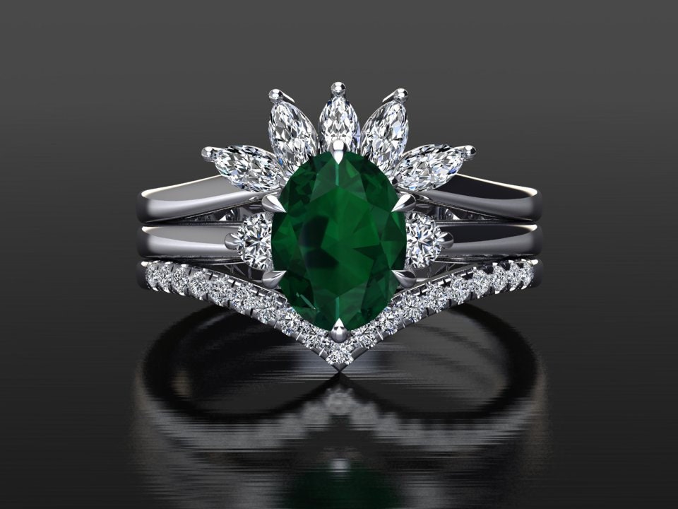 Oval Emerald Wedding Stack | Engagement Ring Natural Diamonds & Matching Bands Platinum