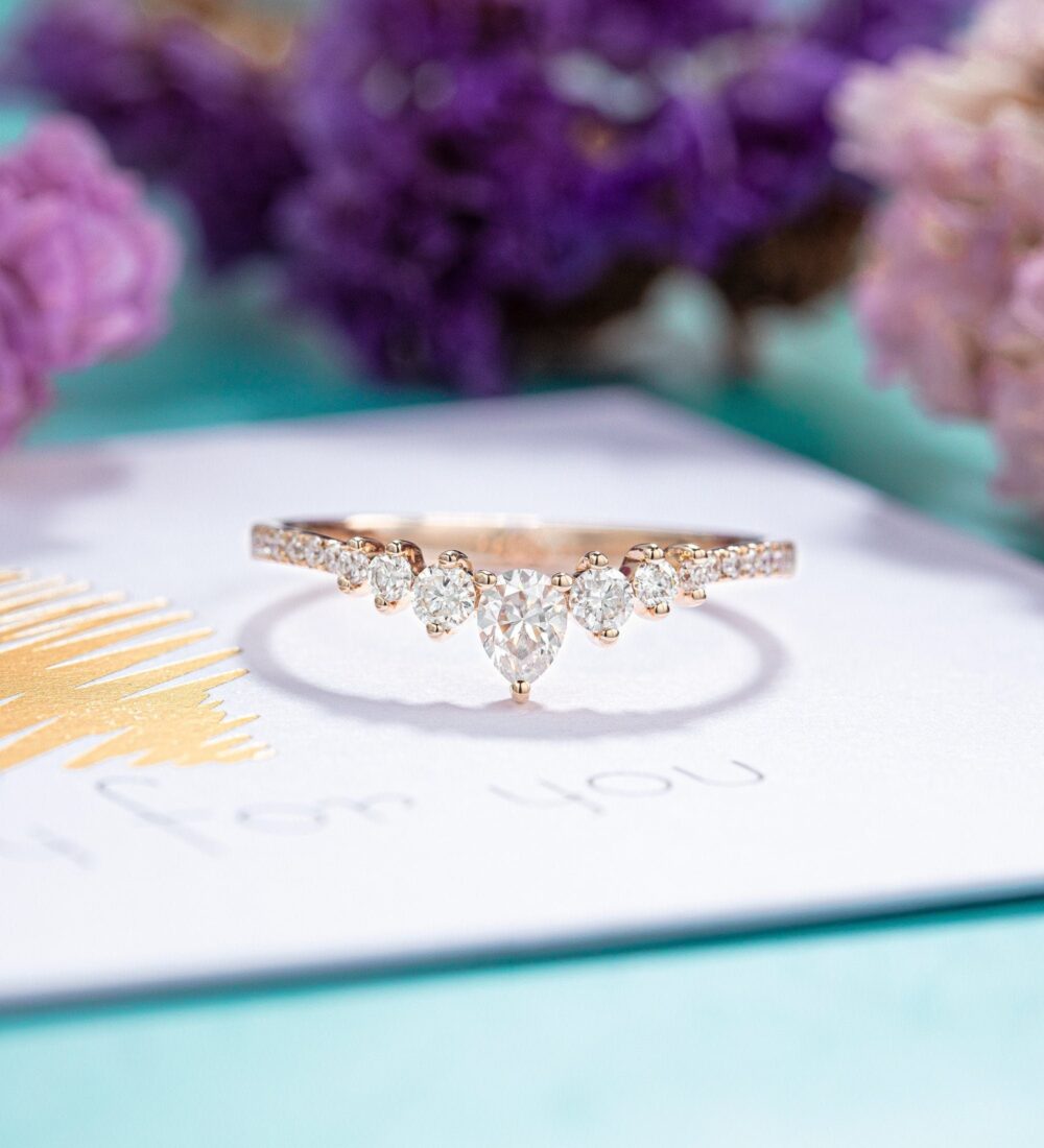 Curved Moissanite Wedding Band, Pear Shaped Rose Gold Bridal Ring