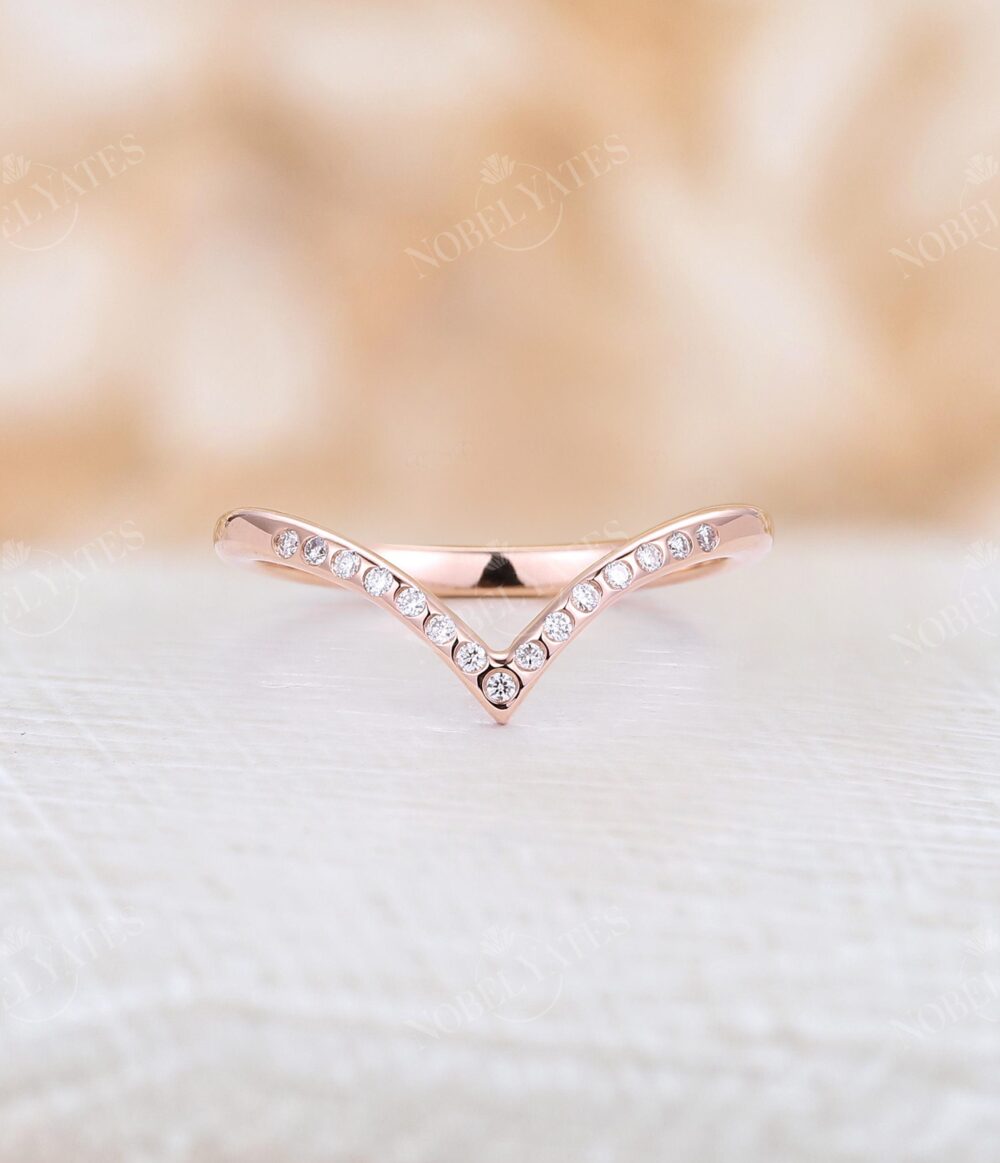 Vintage Curved Diamond Wedding Band Unique Rose Gold Pave Ring Art Deco Dainty Stacking Matching Bridal Anniversary