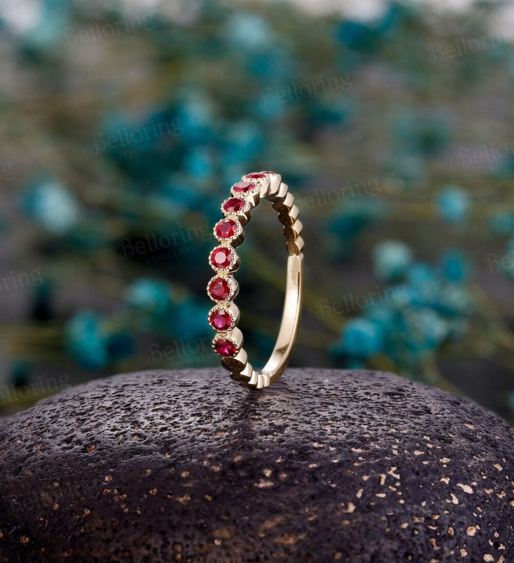 Vintage Ruby Wedding Band, Unique 14K Rose Gold Band, Half Eternity Stacking Matching Band, Delicate Bridal Promise Ring, Anniversary Gift