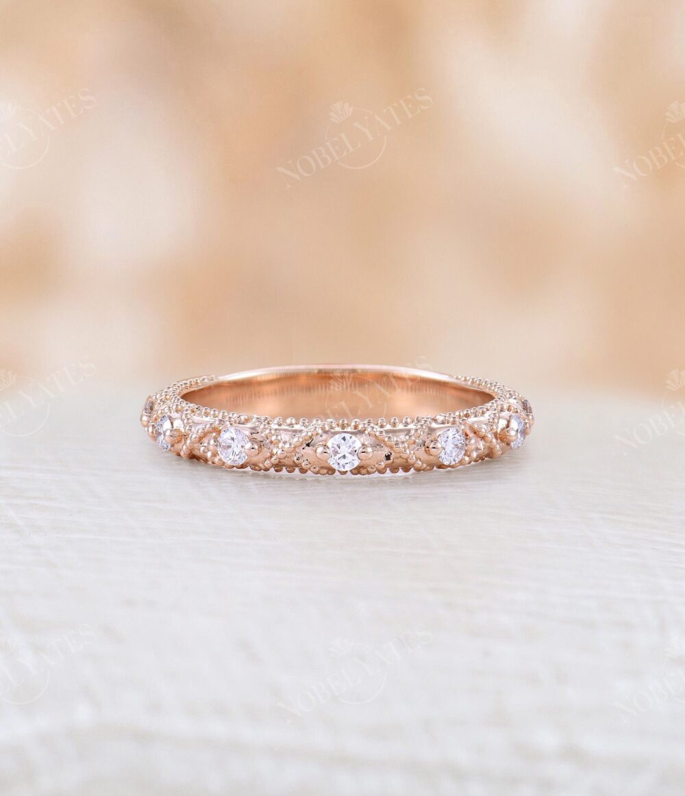 Art Deco Diamond Wedding Band Rose Gold Vintage Ring Half Eternity Unique Milgrain Bridal Straight Promise Anniversary