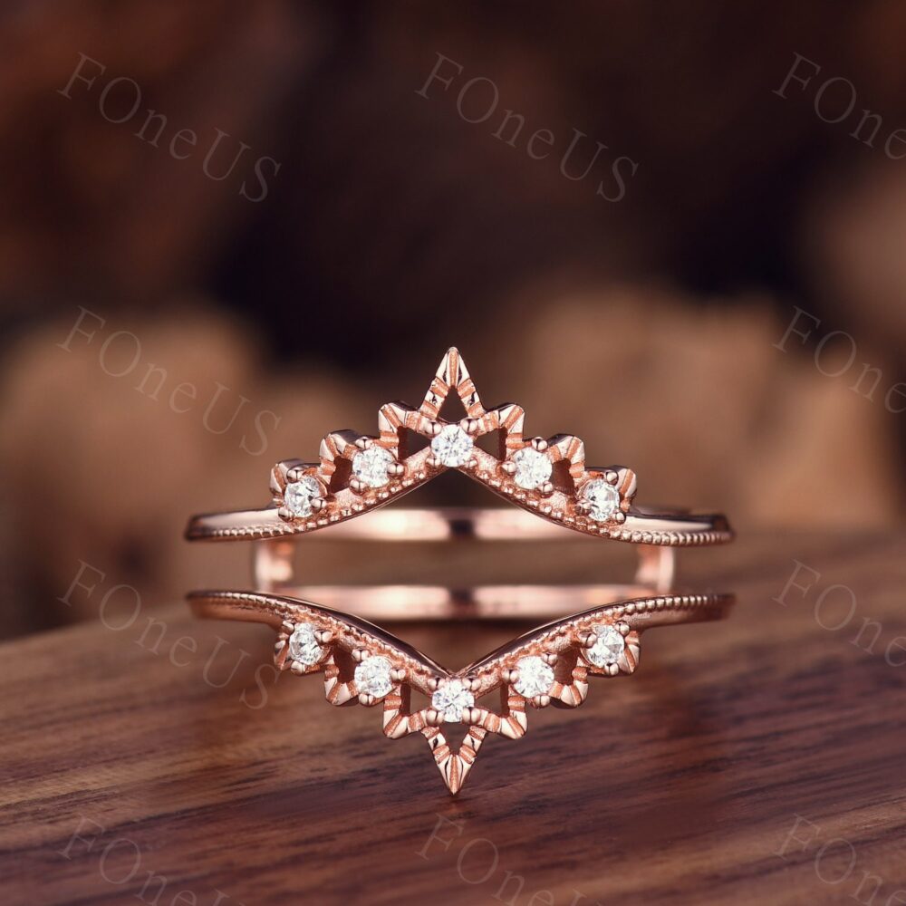 Double Curved Moissanite Wedding Band Rose Gold Band Vintage Stacking Matching Bridal Promise Ring Anniversary Gift