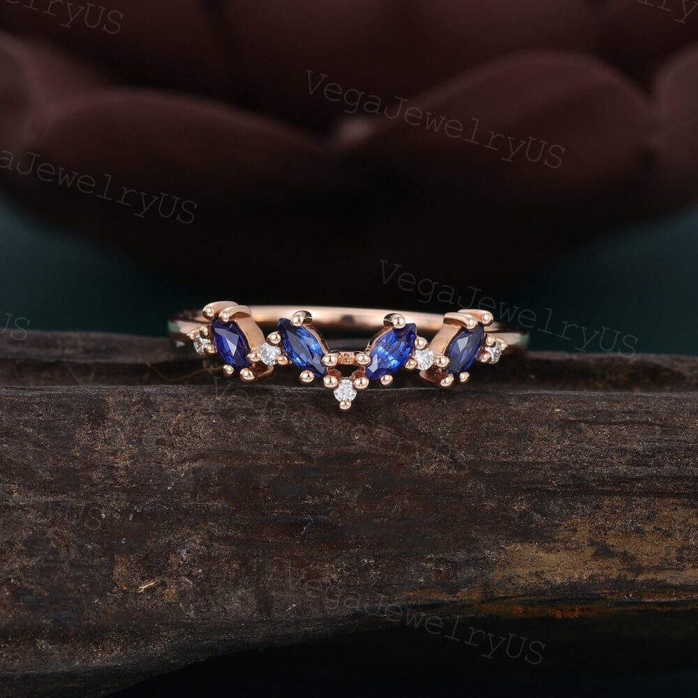 Marquise Sapphire Wedding Band Vintage Rose Gold Sapphire Ring Matching Stackable Dainty Diamond Bridal Anniversary Gift
