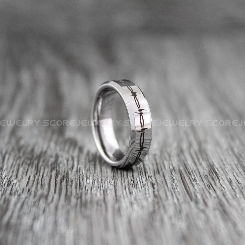 Barbed Wire Ring, Wedding 6mm Silver Tungsten Band, Ring With Beveled Edge Barb Tattoo Pattern