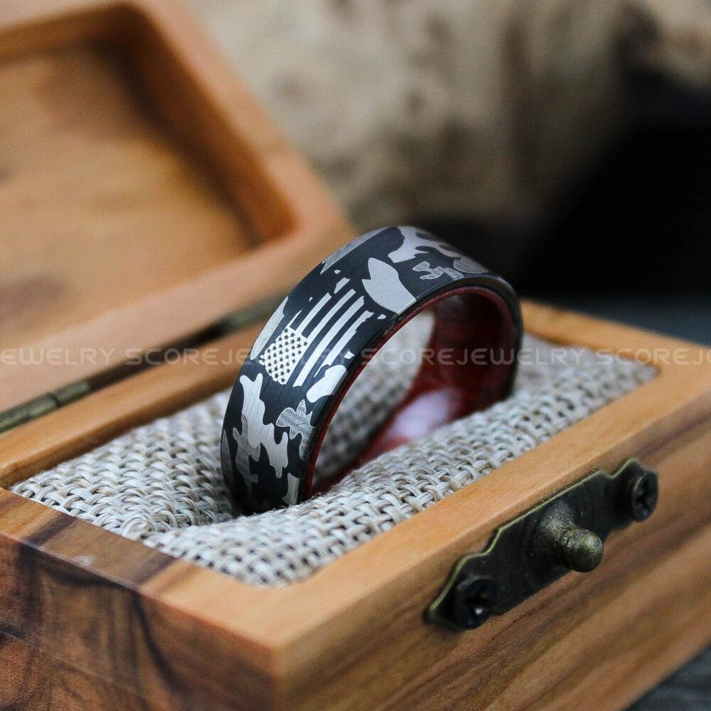 Camo Ring, American Flag Wedding Band, Black Tungsten Band With Redwood Interior & Camouflage Pattern Laser Engraved Ring