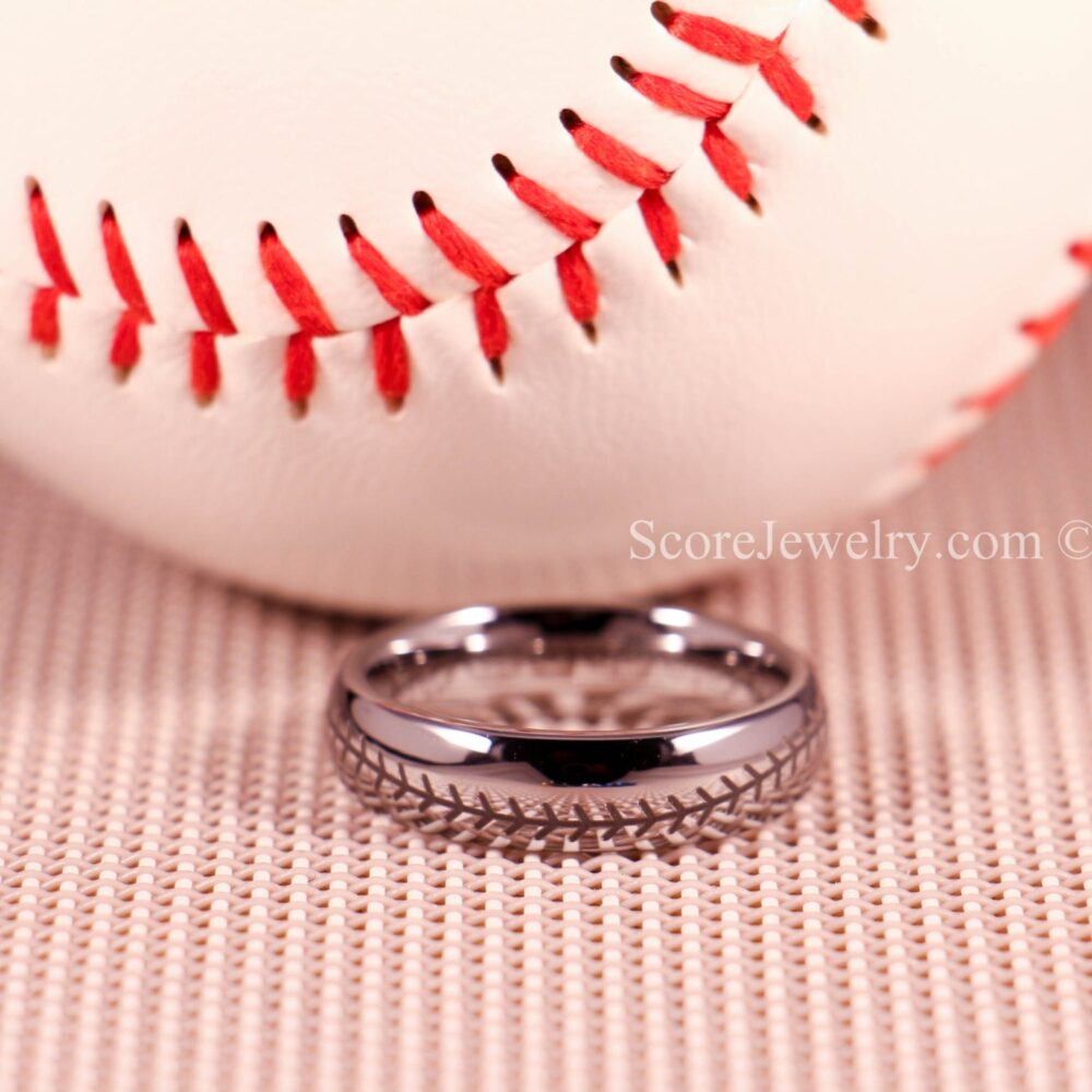 Baseball Ring, Wedding Band, Silver Tungsten Band With Domed Edge Stitch Pattern Ring