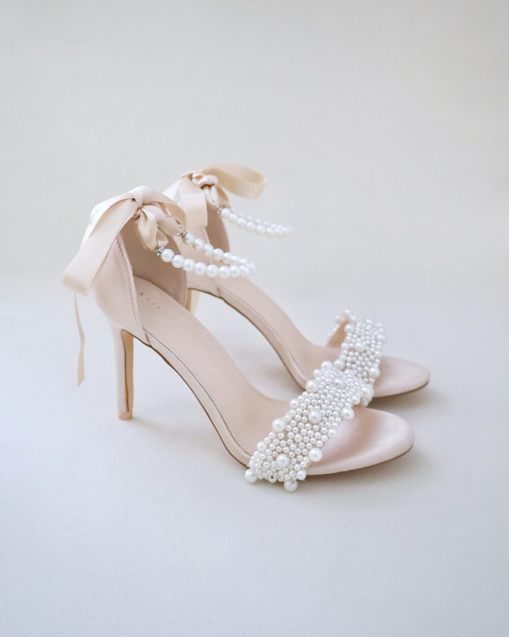 Champagne Satin High Heel Wedding Sandals With Perla Applique & All Pearls Strap, Heels Sandals, Bridesmaids Shoes, Bridal