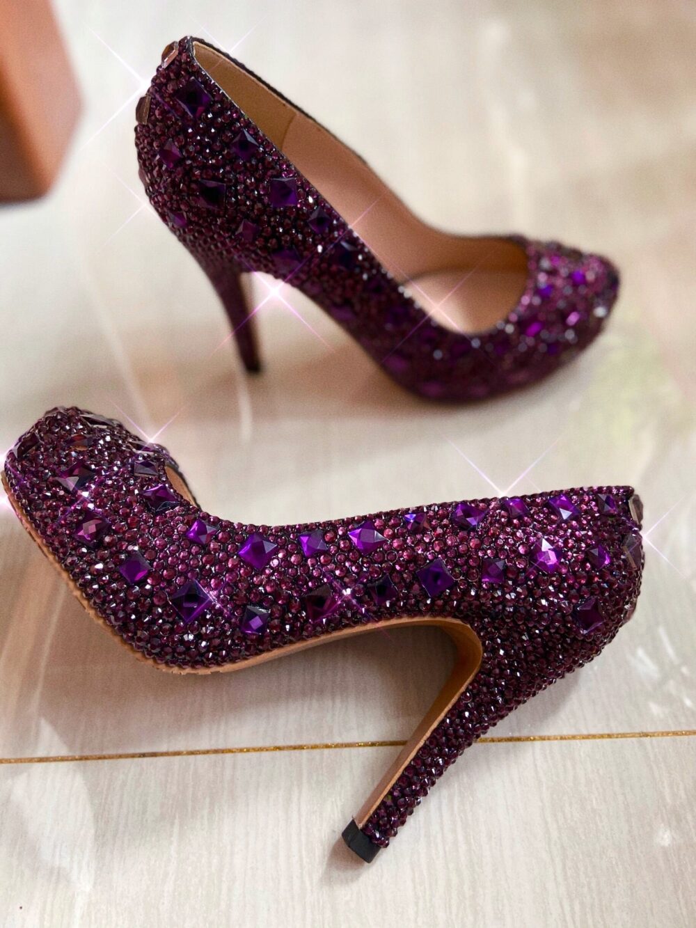 Dark Purple Women Shoes Rhinestone Pumps Shoes, Platform High Heels-Custom in Closed Toe/Open Heels For Woman