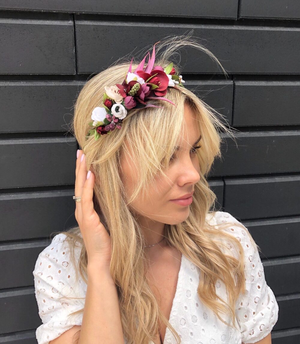 Burgundy Floral Crown, Wedding Headband, Flower Girl Hair Piece
