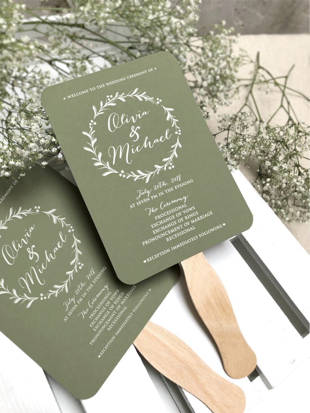 Green Wedding Program Fans Wooden Sticks Included, Sage Fan, Printed Greenery Ceremony Simple Fan