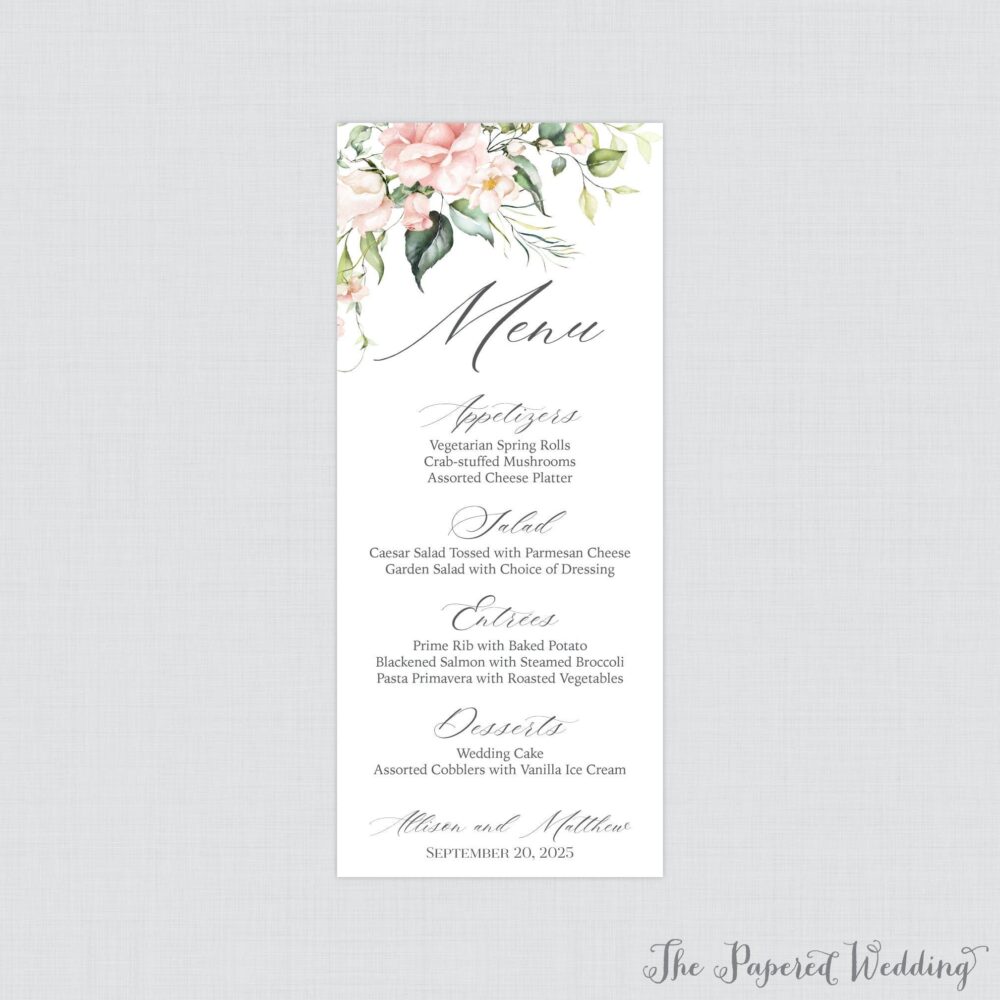 Printable Or Printed Pink Rose Wedding Menu Cards - Floral Card, Flower For Wedding, 4 X 9 0024