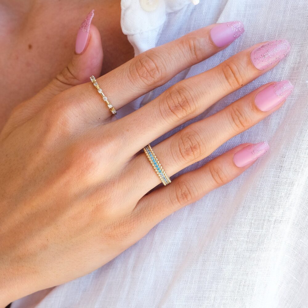 14K Gold Blue Topaz Beaded Band Ring Solid Eternity Unique Engagement Rings Anniversary Gift