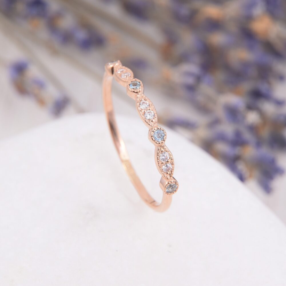 Vintage Style Half Eternity 14K Rose Gold Womens Wedding Band, Eternity Sky Blue Topaz Ring, Blue Promise Ring For Her