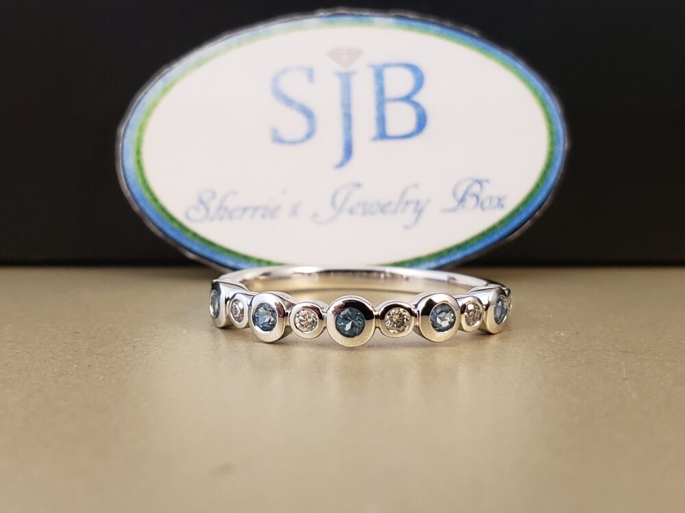 Blue Topaz Rings, & Diamond Bands, 14K White Gold Bezel Set & Ring, Stackable Birthstone #r783
