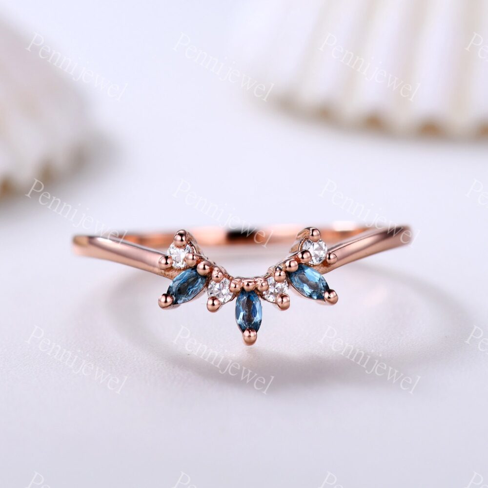 London Blue Topaz Wedding Band, 14K Rose Gold Curved Band, Marquise Topaz, Vintage Matching Band, Promise Ring Anniversary Gift For Her