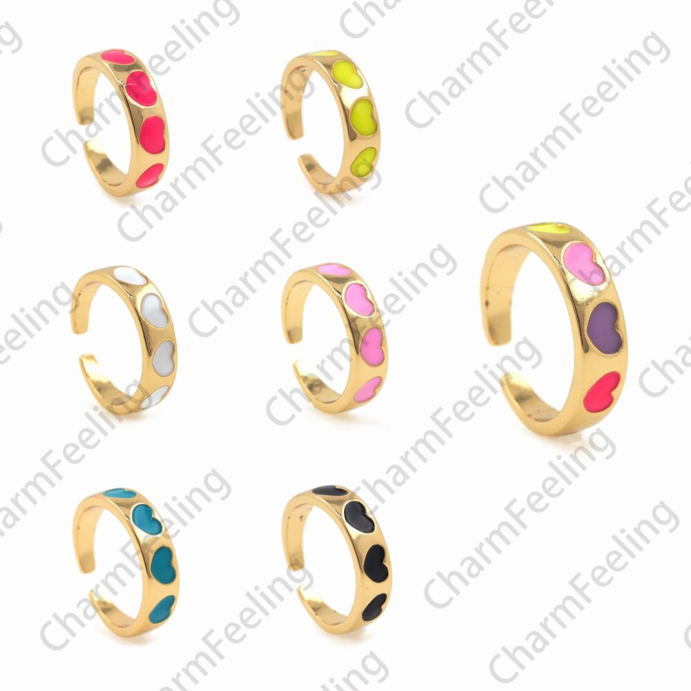 18K Gold Filled Enamel Love Heart Ring, Heart-Shaped Jewelry, Open Adjustable Ring