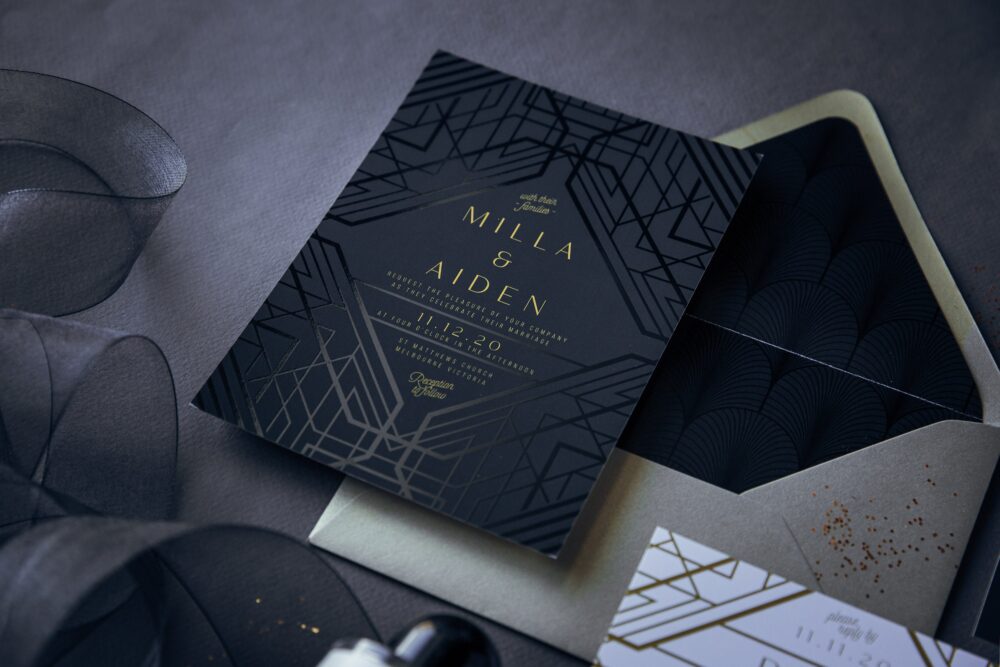 Deco Wedding Invitation Suite, Real Gold Foil Invitation, Moody Dark Wedding, Gatsby, & Luxe, Vintage 20S Theme