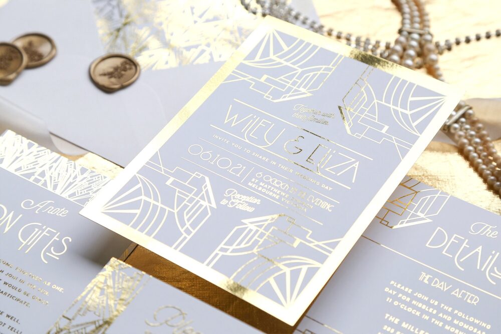 Deco Wedding Invitation Suite, Real Gold Foil Invitation, Moody Dark Wedding, Gatsby, & Luxe, Vintage 20S Theme - Zelda
