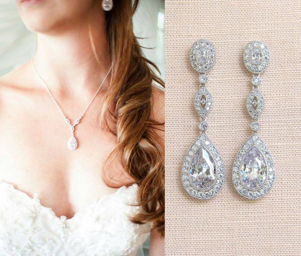 Wedding Earrings Bridal Back Necklace, Backdrop Necklace For Bride, Earrings, Crystal Jewelry, Christine Jewelry