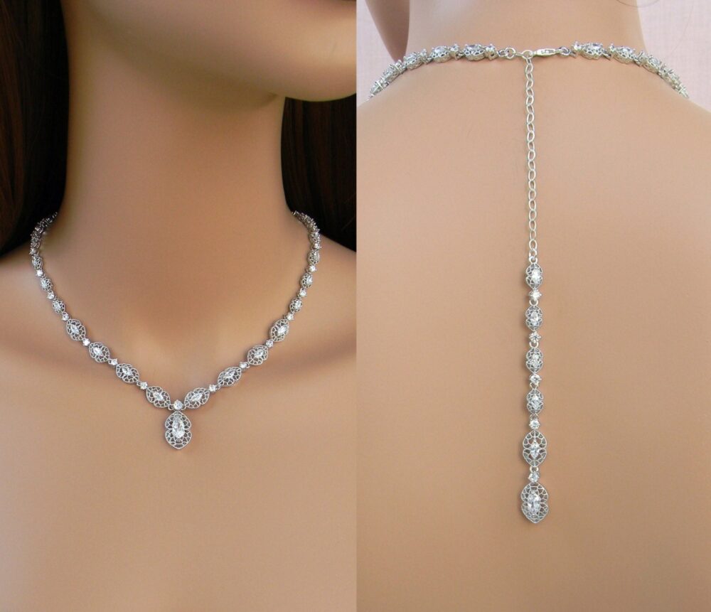 Rose Gold Back Necklace, Backdrop Wedding Necklace, Bridal Earrings, Jewelry, Jewelry Set, Adilene