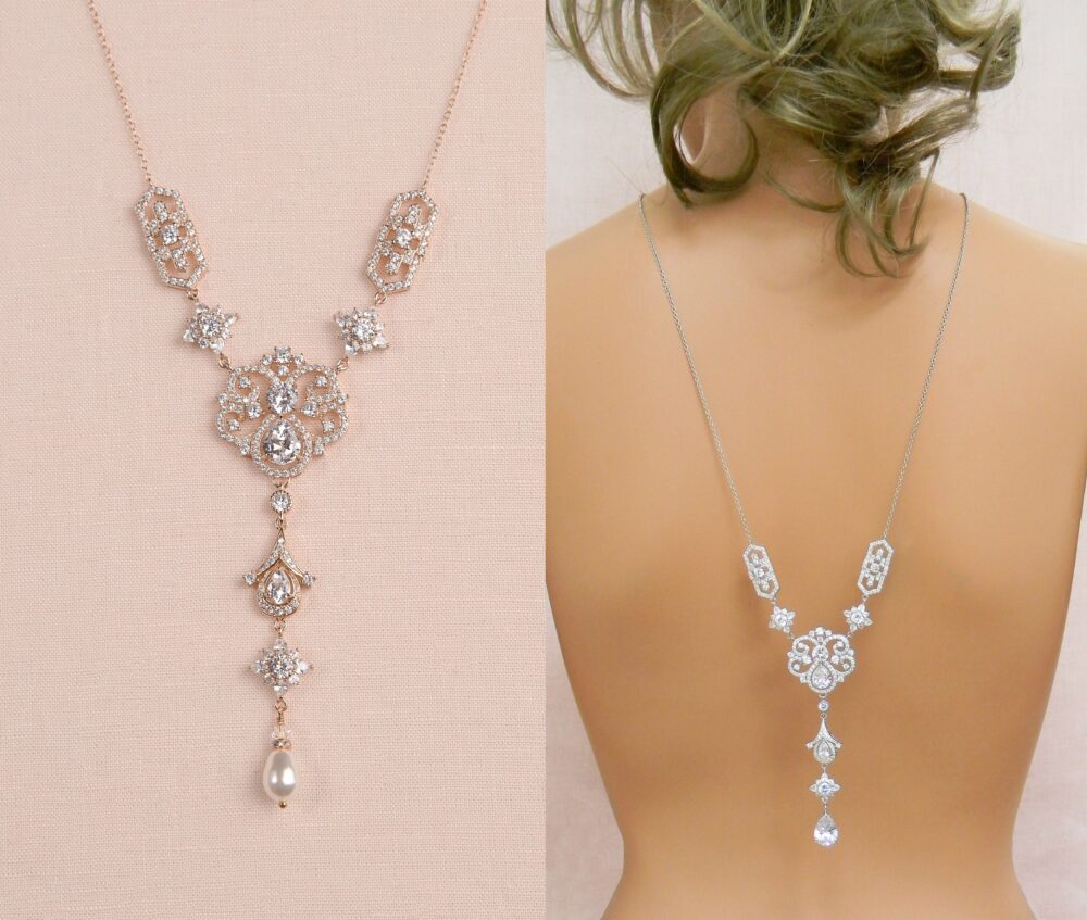 Bridal Back Necklace, Backdrop Wedding Rose Gold Earrings, Silver Or Evie Jewelry