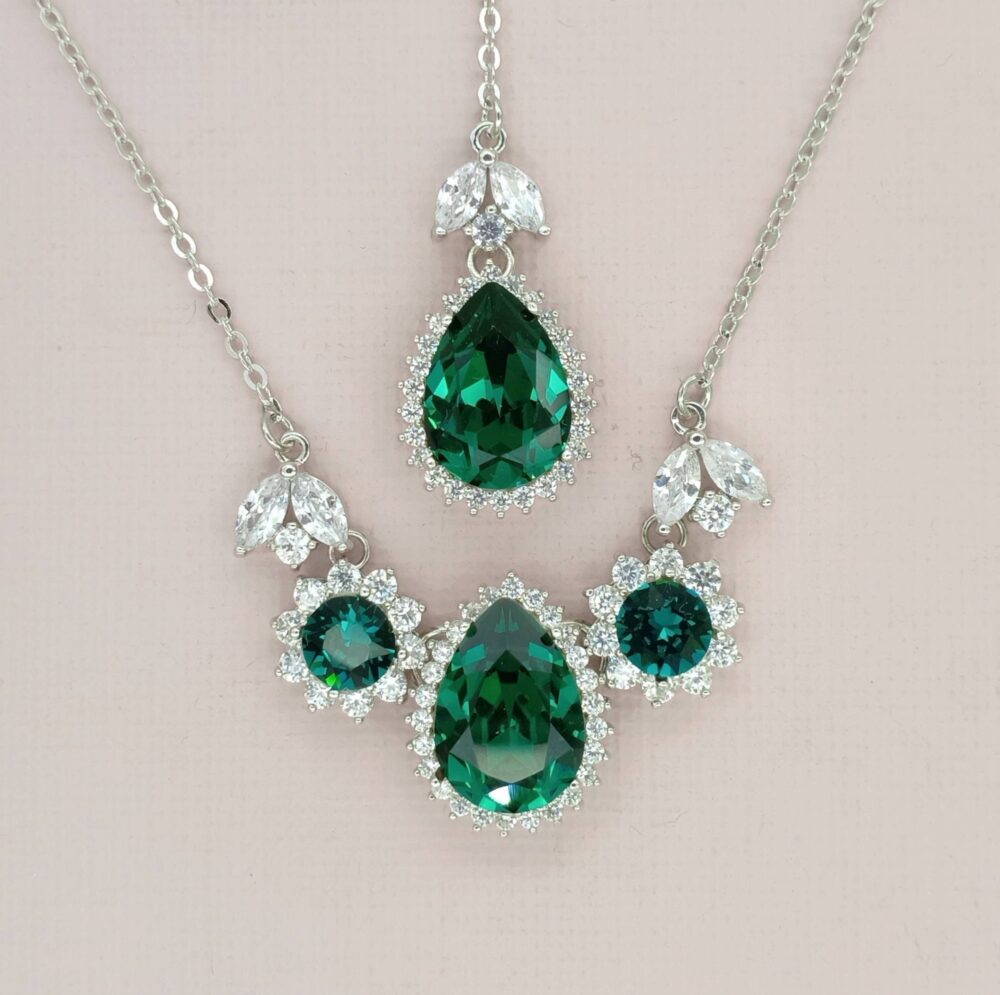 Back Drop Necklace, Emerald Wedding Backdrop Swarovski Rhinestone Jewelry For Brides, Silver Necklace