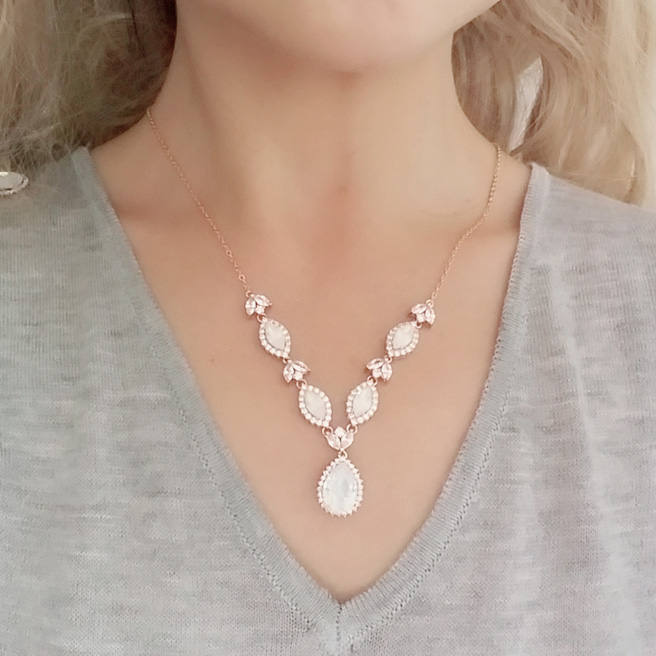 Back Drop Bridal Necklace, Wedding Backdrop White Opal Jewelry, Swarovski Rhienstone Y Crystal Necklace