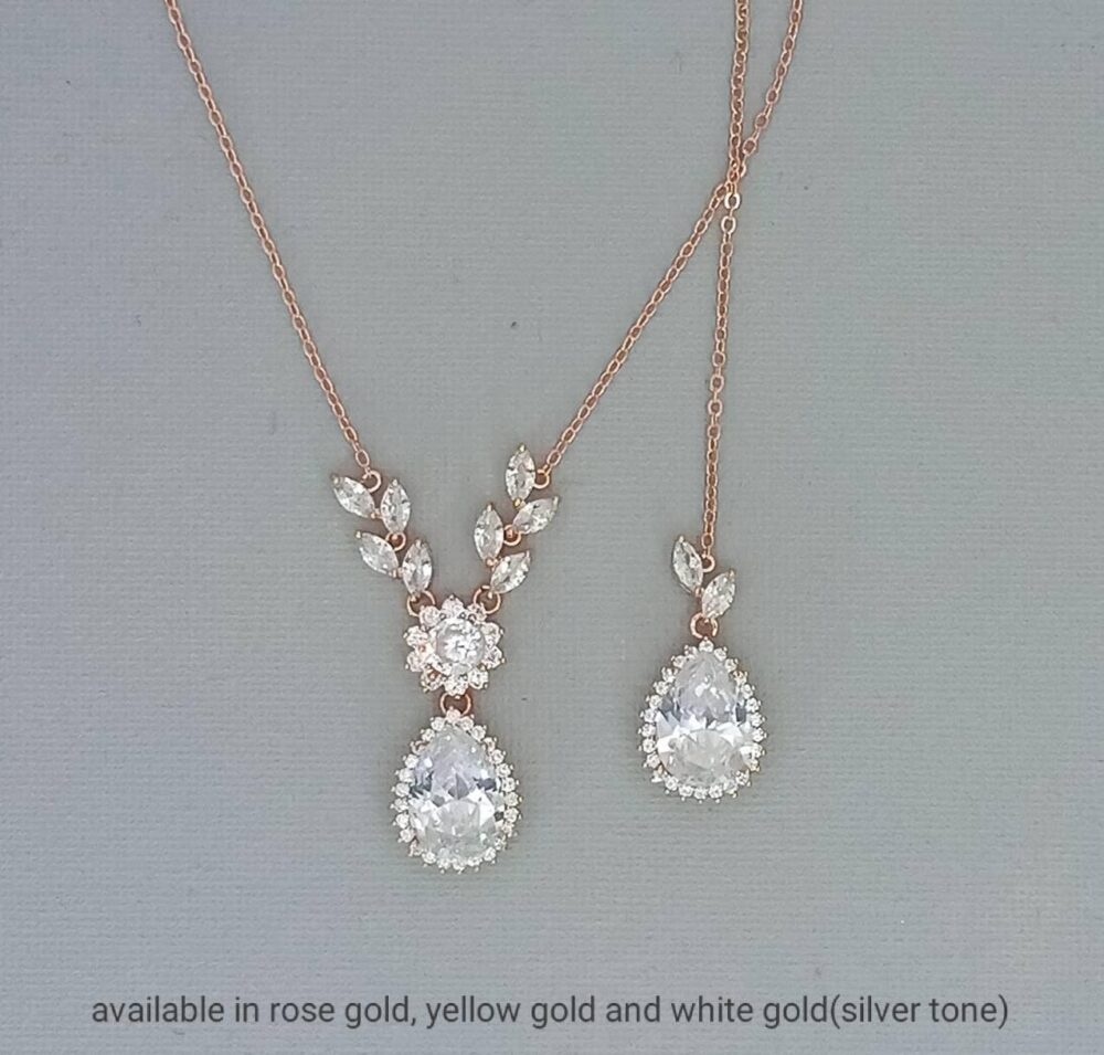 Wedding Backdrop Necklace Bridal Back Drop Necklace, Cubic Zirconia Wedding Jewelry in Rose Gold, Yellow Gold & Silver Tone Back Necklace