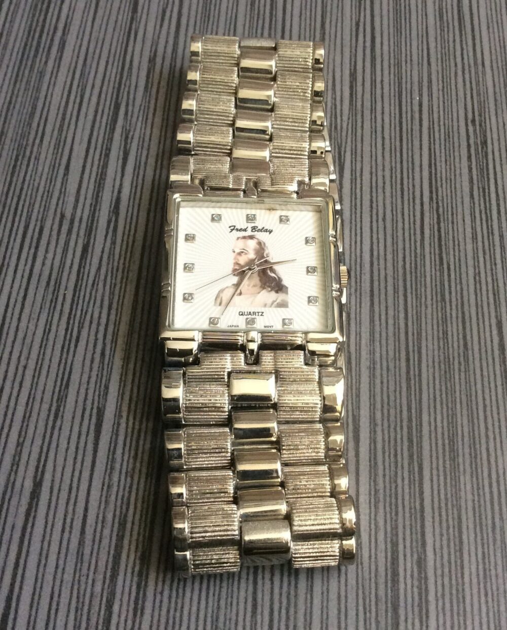 Silver Mem's Religious Watch Rectangle White Sunray Jesus Dial Crystal Hours On Linked Band New Un-Used Vintage Find Rare Beauty