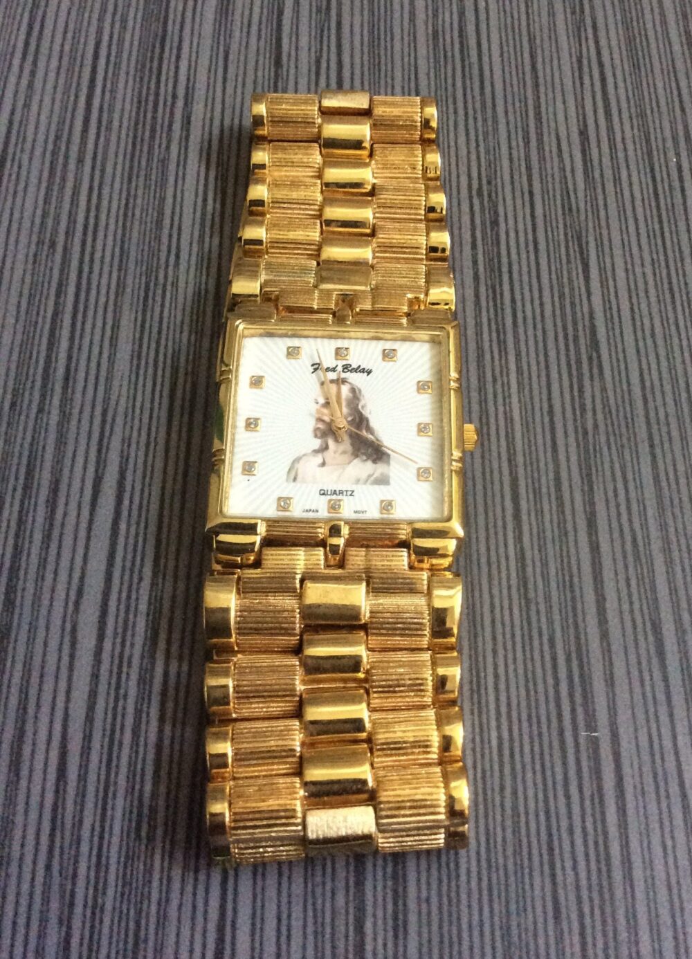 Religious Men's Watch Square White Jesus Dial On A Gold Linked Band New Item Ready To Be Cherished Un-Used Vintage Rare Find