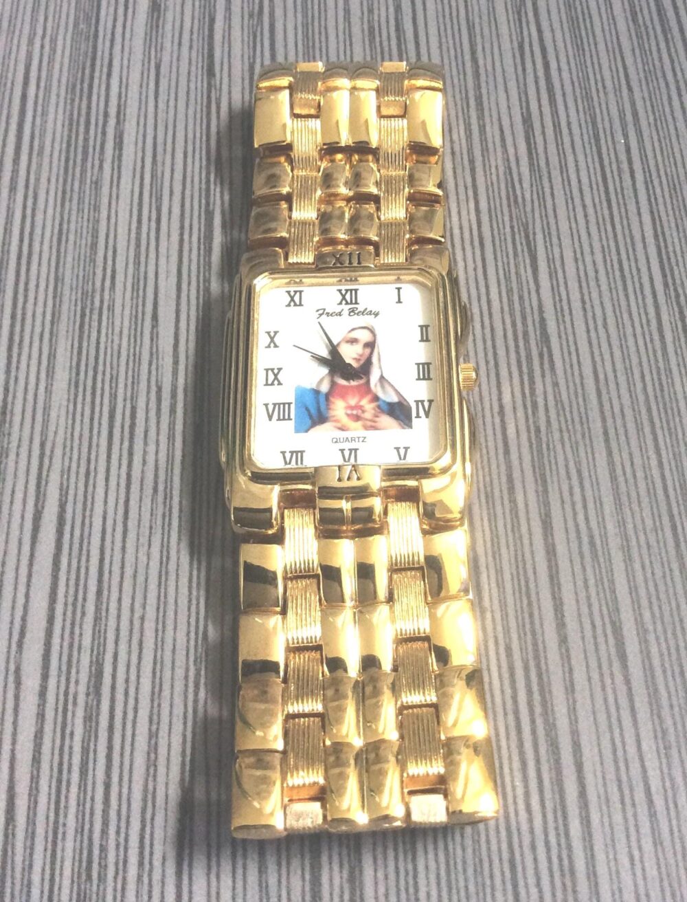 Religious Men's Virgen Mary/Guadalupe Rectangle White Dial Roman Numeral Hours On Gold Linked Band New Unused Vintage Watch Rare Find