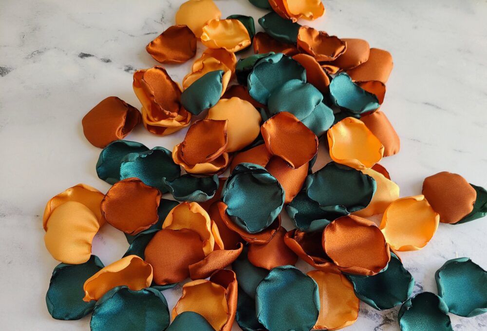 Emerald Green Fall Wedding Decor, Mustard Yellow Flower Girl Petals, Aisle Sienna, Rust Rose Forest Wedding, I Do Bbq