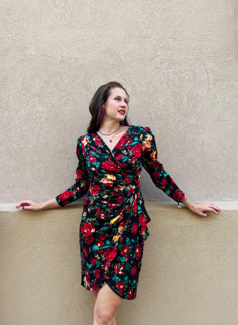 80S Vintage Silk Floral Wrap Dress Padded Shoulder Cocktail Dress