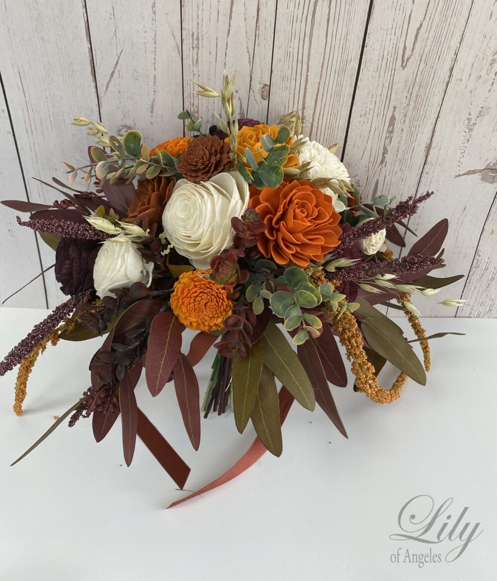 Wedding Bouquet, Bridal Bridesmaid Sola, Flower, Wooden Fall, Rust, Orange, Rustic, Boho, Lily Of Angeles