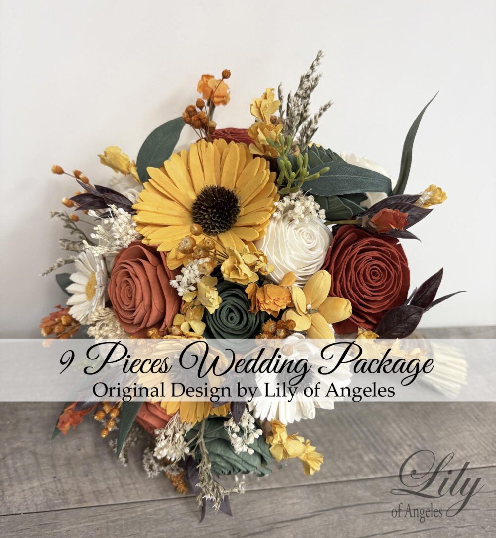 9Pcs Package, Wedding Bouquet Bridal Bridesmaid Sola Flower Wooden Cream Sunflowers Fall Orange Rustic Boho Lily Of Angeles
