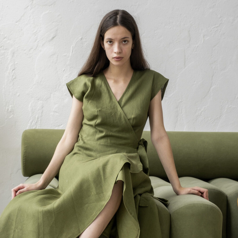 V Neck Wrap Dress, Linen Dress Short Sleeve, Long Linen Kimono Wrap Bridesmaids, Cocktail