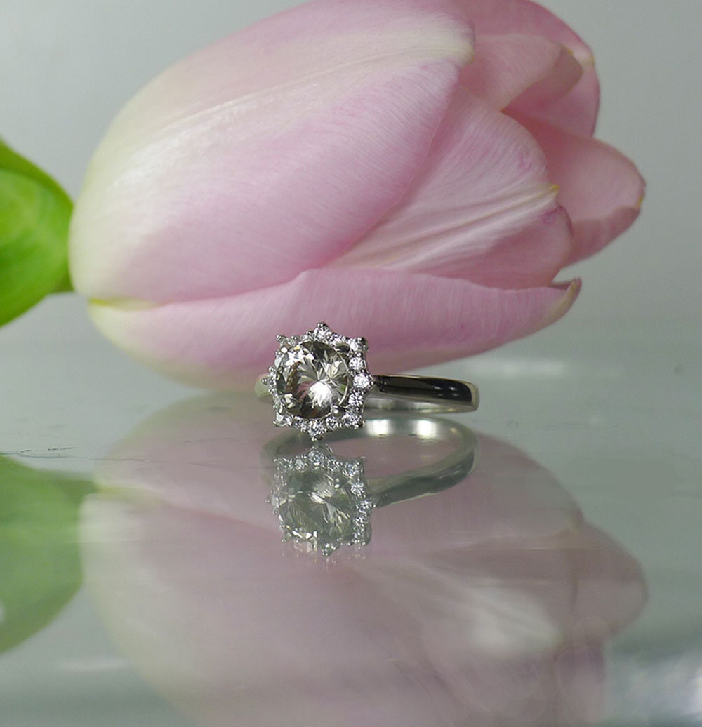 Halo Engagement Ring, Sterling Round Cut Herkimer Diamond Ring