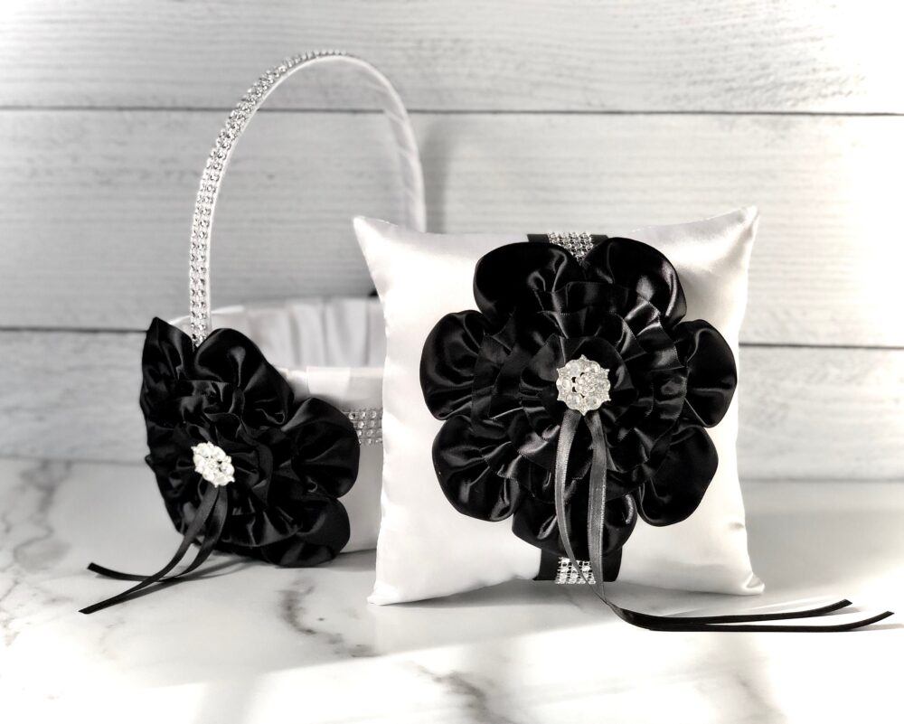 Black White Wedding, Flower Girl Basket, Ring Pillow, Bearer Wedding Pillow