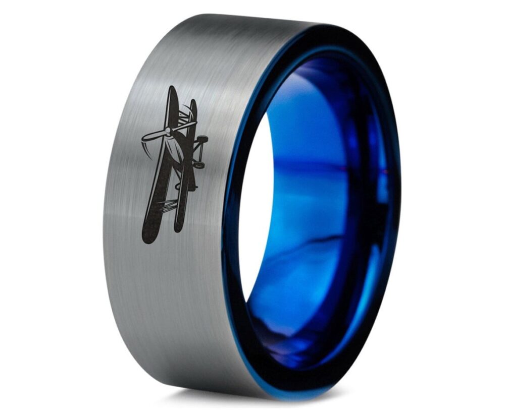 Retro Vintage Airplane Ring, His Wedding Band Gray, Tungsten Men Engraved Blue Gifts For Dad, Ring Pilot, Gift Pilot
