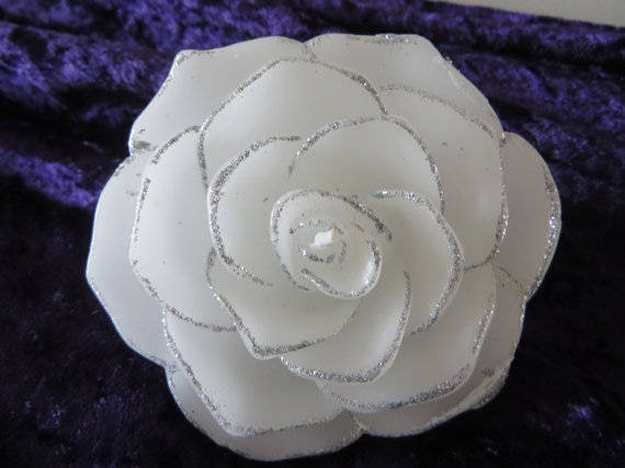 White Rose Floating Candle With Silver Edging - Wedding Centerpiece