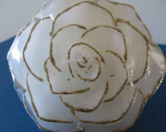 White Rose Floating Candle With Gold Edging | 3 3/4"