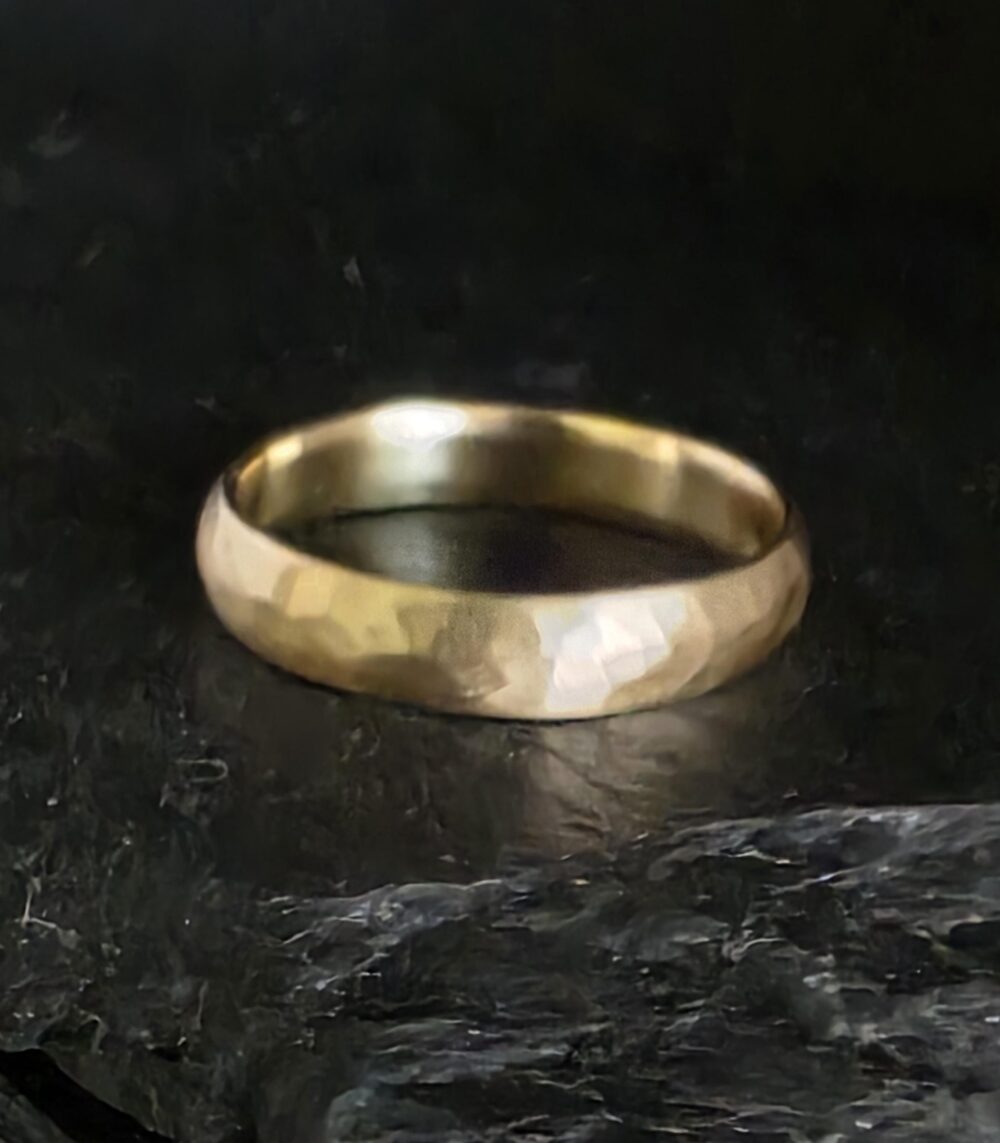 4mm Wide 14K Yellow, Rose, White Gold Comfort Fit Light Band, Wedding Hammered, Brushed Gold, Made To Order Custom, Personalized