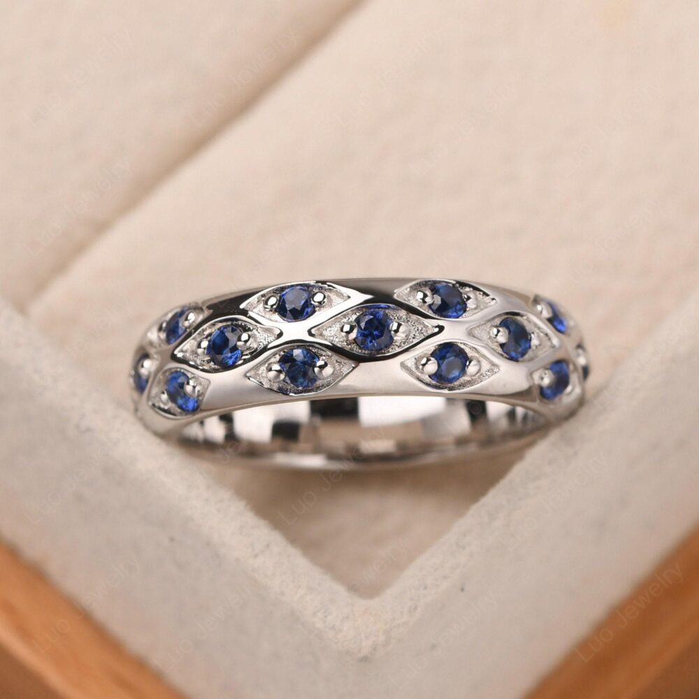 Unique Sapphire Wedding Band For Men, Pave Chunky Ring, Stacking Eternity Ring, Silver September Birthstone Ring