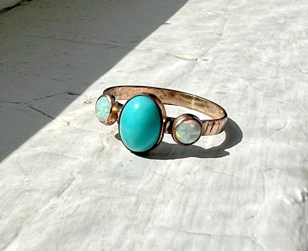 Turquoise & Opal Hammered Band Ring in 14K Goldfill Handmade By Rachel Pfeffer