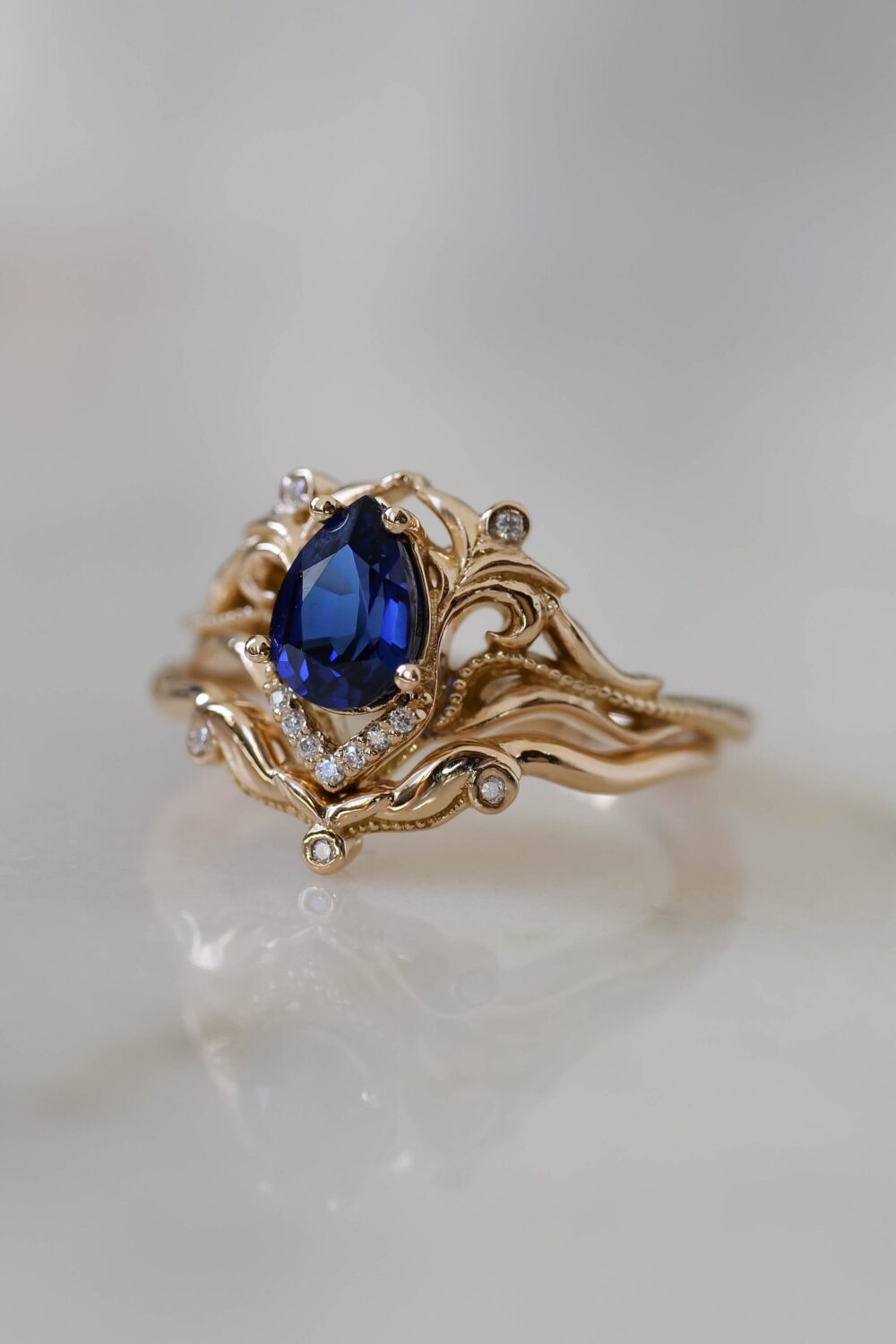 Lab Sapphire Engagement Ring Set, Art Nouveau Style, Elvish Wedding Band