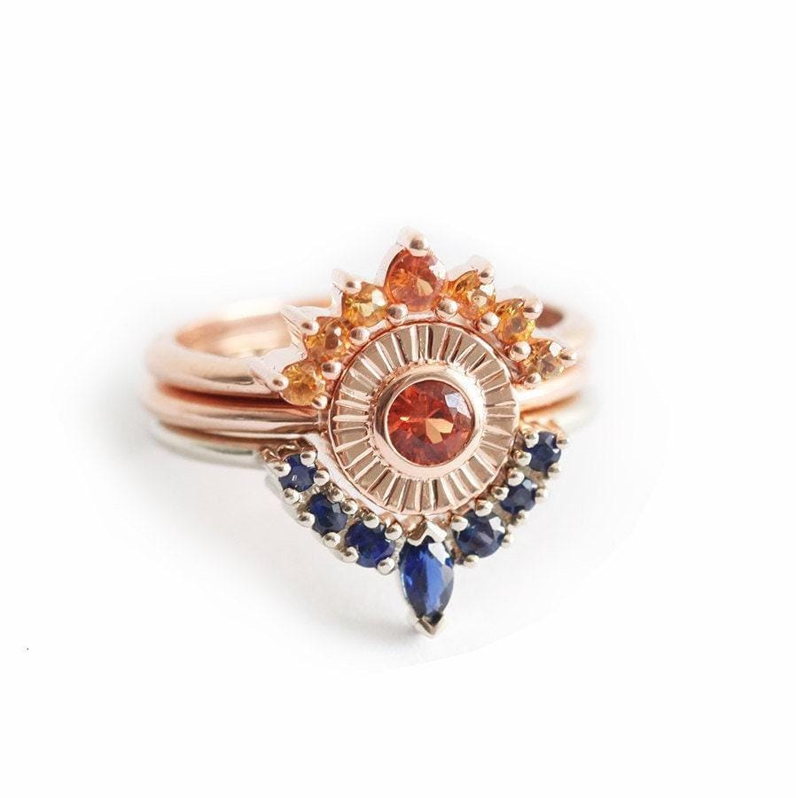 Sapphire Engagement Ring Set, Sunset Wedding Orange & Blue Gemstone Rings